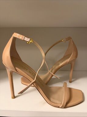 Stuart Weitzman Patent Nude Ankle-Strap Stiletto Sandals